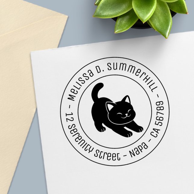 Stretching Black Cat Round Address Self-inking Stamp (Creator Uploaded)