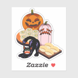 Stretching Black Cat & Sad Pumpkin Halloween Sushi Sticker