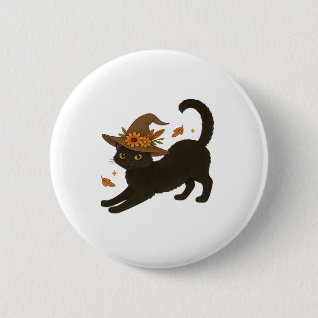 Stretching Black Cat � Witchy Autumn Classic T-Shi Button (Front)
