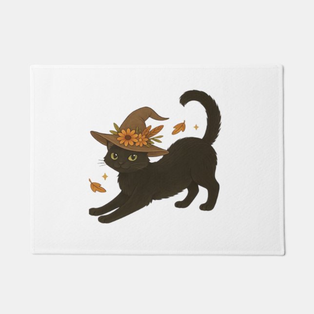 Stretching Black Cat – Witchy Autumn Classic T-Shi Doormat (Front)