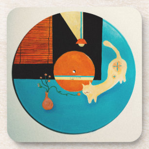 Stretching Cat Retro Record Illustration Beverage Coaster
