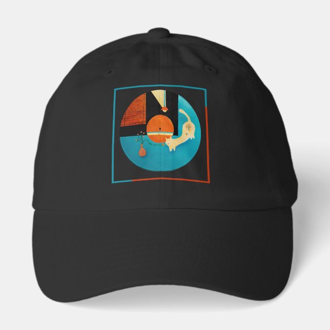 Stretching Cat Retro Record Illustration Hat (Front)