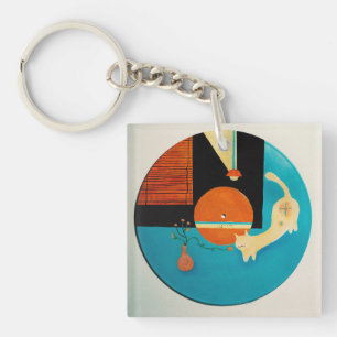 Stretching Cat Retro Record Illustration Keychain