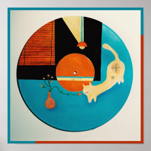 Stretching Cat Retro Record Illustration Poster
