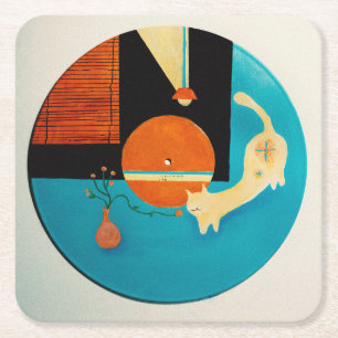 Stretching Cat Retro Record Illustration Square Paper Coaster