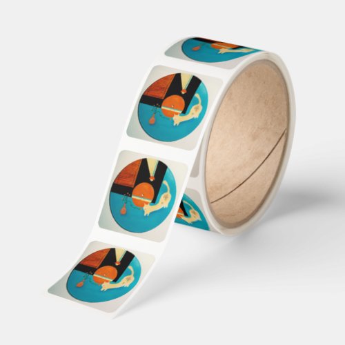 Stretching Cat Retro Record Illustration Square Sticker