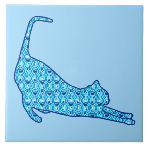 Stretching Cat Silhouette in a Blue Lotus Pattern Ceramic Tile