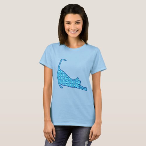 Stretching Cat Silhouette in a Blue Lotus Pattern T_Shirt