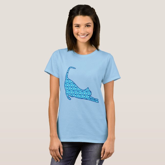 Stretching Cat Silhouette in a Blue Lotus Pattern T-Shirt (Front Full)