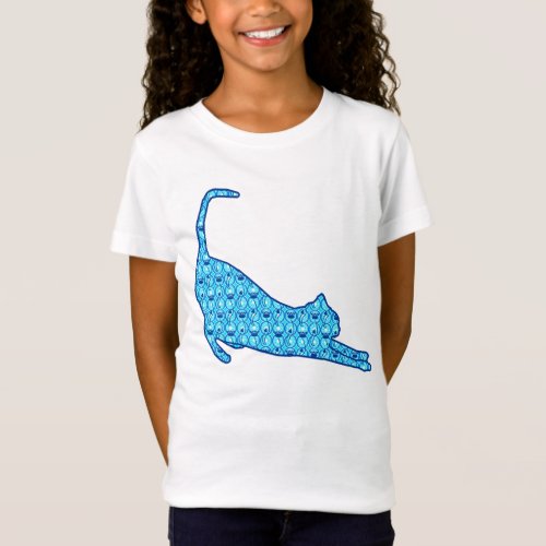Stretching Cat Silhouette in a Blue Lotus Pattern T_Shirt