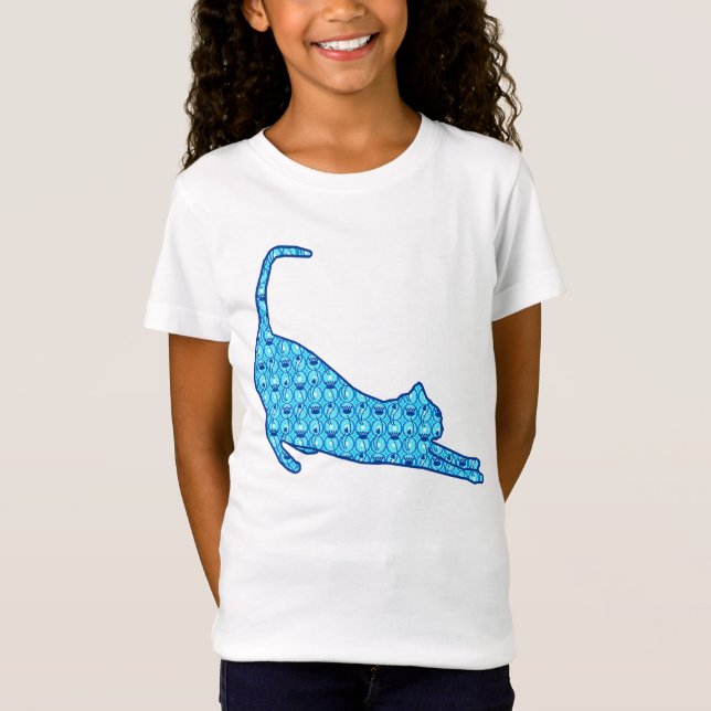 Stretching Cat Silhouette in a Blue Lotus Pattern T-Shirt (Front)