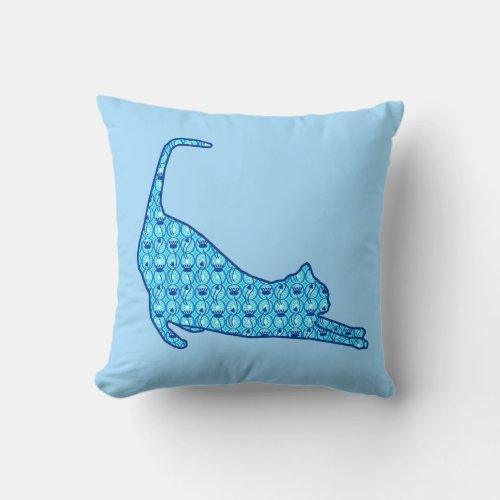 Stretching Cat Silhouette in a Blue Lotus Pattern Throw Pillow