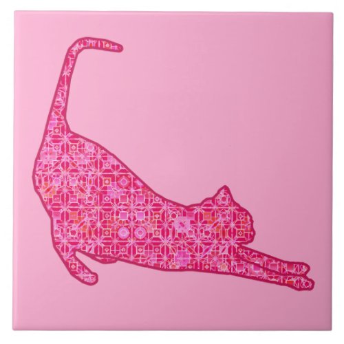 Stretching Cat Silhouette in Fuchsia Pink Batik Ceramic Tile