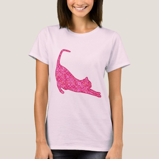 Stretching Cat Silhouette in Fuchsia Pink Batik T-Shirt (Front)