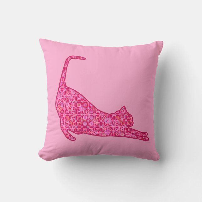 Stretching Cat Silhouette in Fuchsia Pink Batik Throw Pillow (Front)