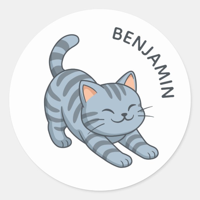 Stretching Grey Tabby Cat Custom Name Classic Round Sticker (Front)