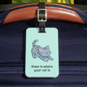 Stretching Grey Tabby Cat Green Custom Text Luggage Tag