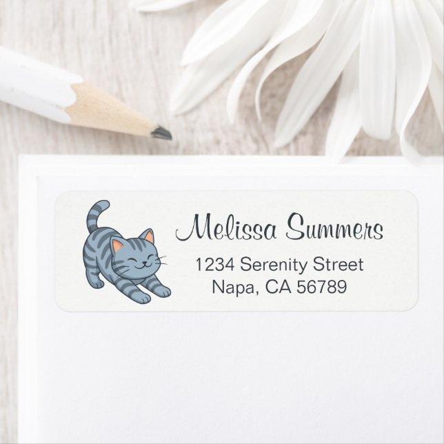 Stretching Grey Tabby Cat Label (Insitu)