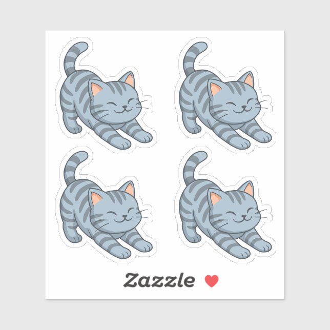 Stretching Grey Tabby Cat Set of 4 Sticker (Sheet)