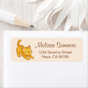 Stretching Orange Tabby Cat Beige Label