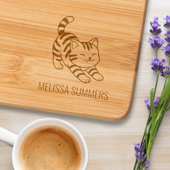 Stretching Tabby Cat Custom Name Engraved Cutting Board (Creator Uploaded)