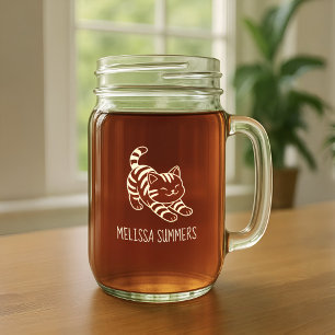 Stretching Tabby Cat Custom Name Mason Jar W/ Handle