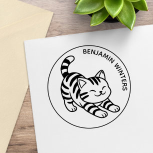 Stretching Tabby Cat Custom Text Rubber Stamp
