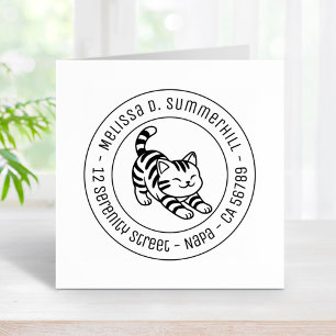 Stretching Tabby Cat Round Address Rubber Stamp