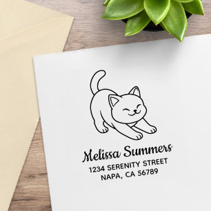 Stretching White Cat Address Rubber Stamp