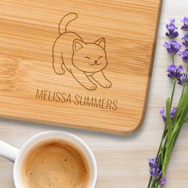 Stretching White Cat Custom Name Engraved Cutting Board (Creator Uploaded)