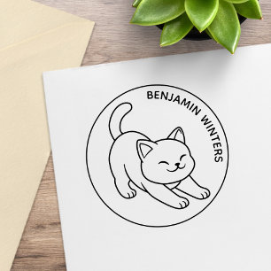 Stretching White Cat Custom Text Rubber Stamp
