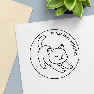 Stretching White Cat Custom Text Self-inking Stamp