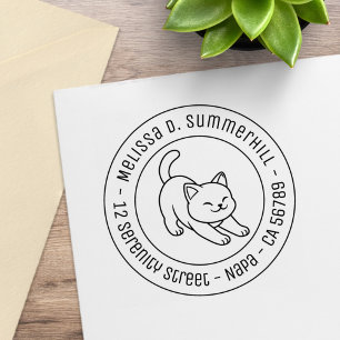 Stretching White Cat Round Address Rubber Stamp