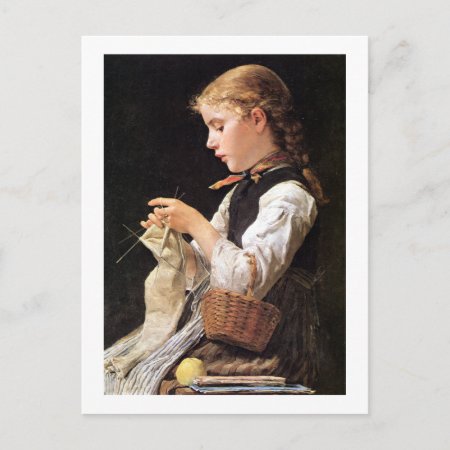 Strickendes Mädchen Knitting Girl Postcard