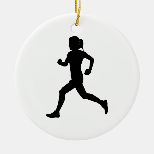 Stride in Grace: Female Marathon Runner Silhouette Ceramic Ornament (Front)