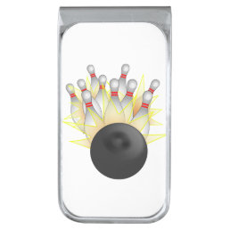 STRIKE! Bowling Ball And Pins Silver Finish Money Clip