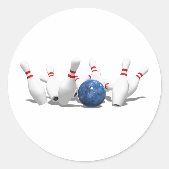 Strike!  Bowling Ball & Pins: Classic Round Sticker (Front)