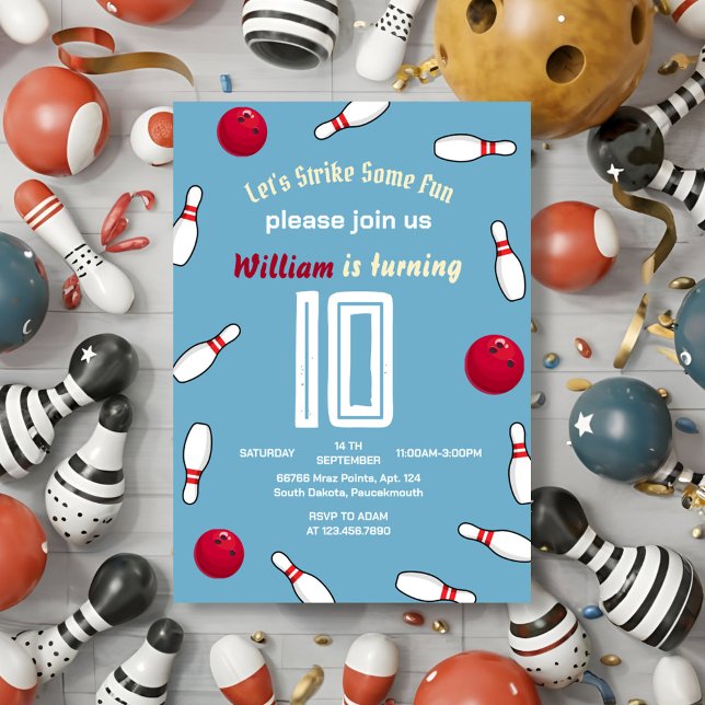 Strike cool blue sports Bowling 10th Birthday Invitation (Creator Uploaded)