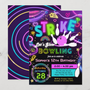 Strike Let's Glow Bowling Girl Birthday  Invitation