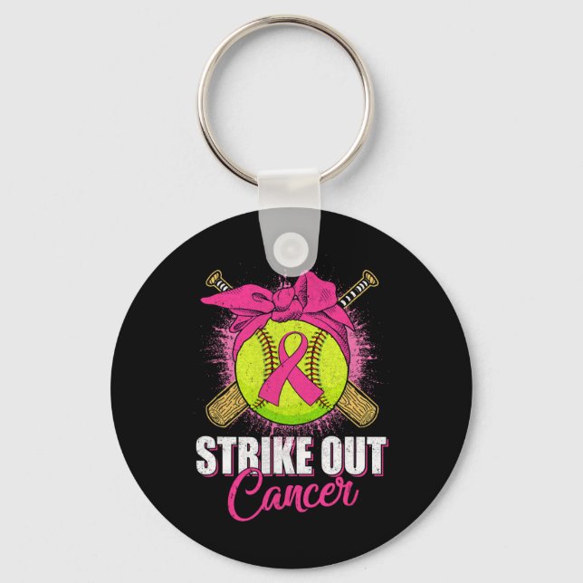 Strike Out Breast Cancer Awareness Softll Pink Rib Keychain (Front)