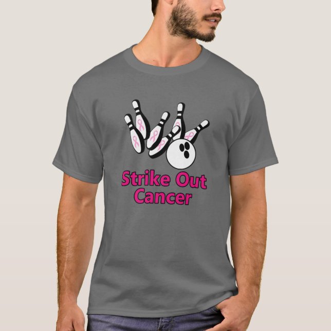 Strike Out Breast Cancer Bowling Pins Pink Ribbon T-Shirt (Front)