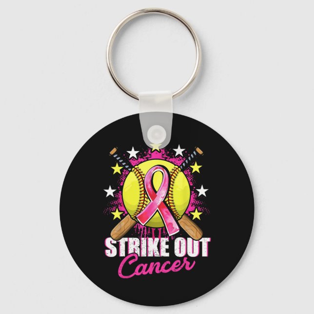 Strike Out Breast Cancer Warrior Softll Pink Ribbo Keychain (Front)