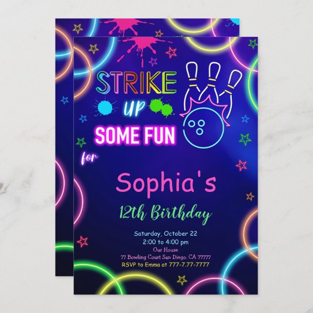 STRIKE UP Bowling Birthday Invitation (Front/Back)