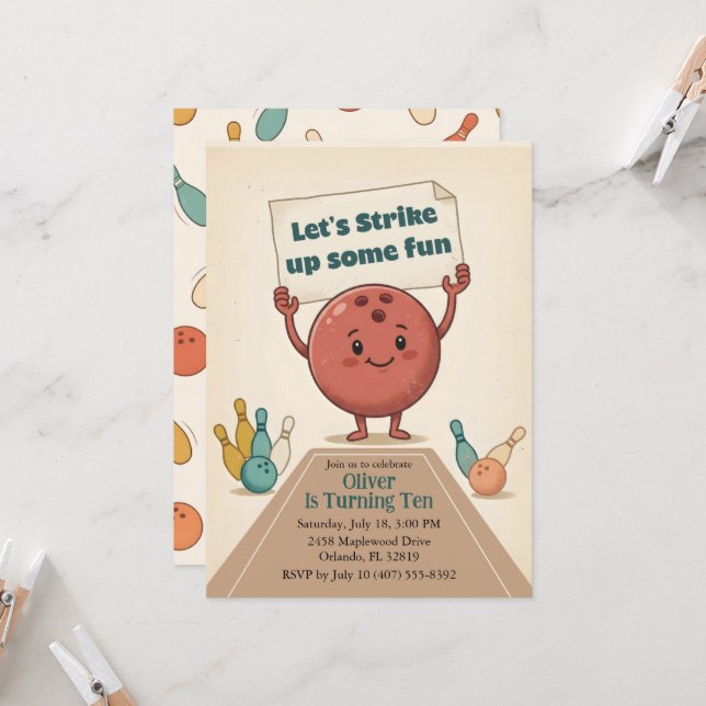 Strike Up Some Fun Bowling Party Boy 10th Birthday Invitation (Front/Back In Situ)