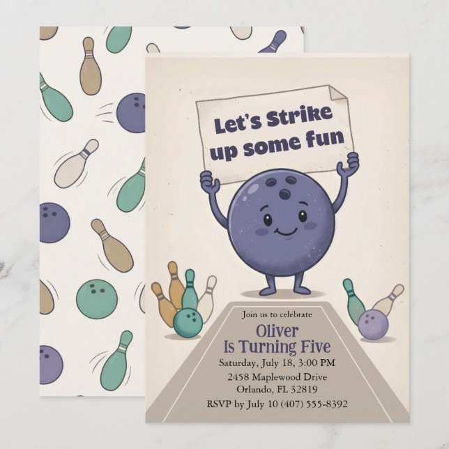 Strike Up Some Fun Bowling Party Boy 5th Birthday Invitation (Front/Back)