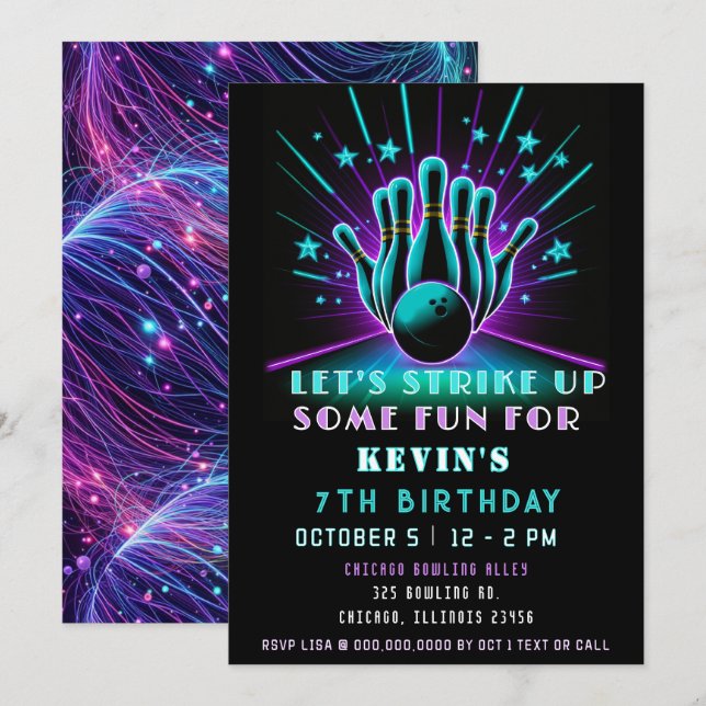 Strike Up Some Fun Neon Glow Bowling Birthday Invitation (Front/Back)