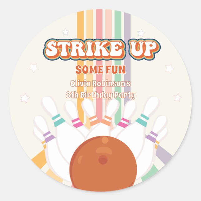 Strike Up Some Fun - Retro Bowling Birthday Party  Classic Round Sticker (Front)