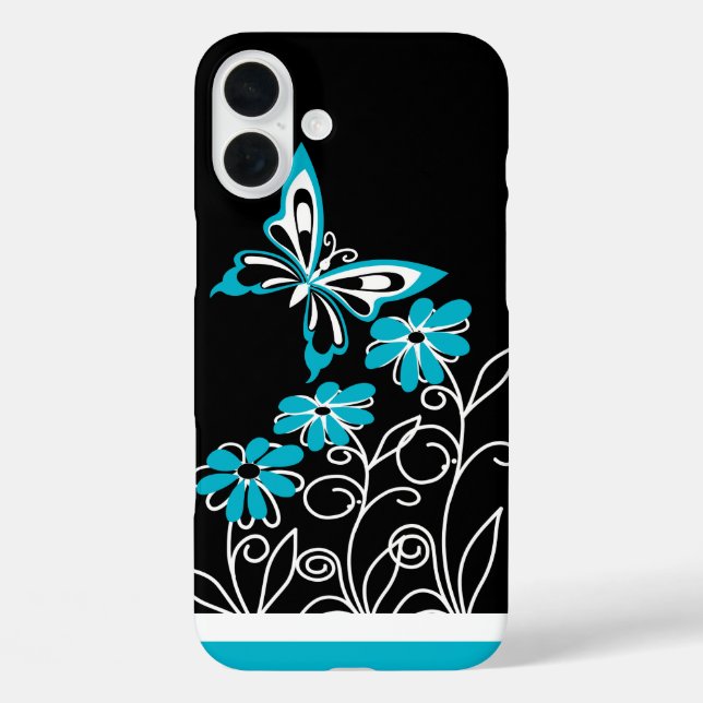 Striking Aqua Blue Butterfly and Flowers Case-Mate iPhone Case (Back)