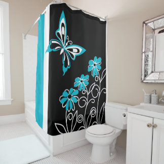 Striking Aqua Blue Butterfly and Flowers Shower Curtain