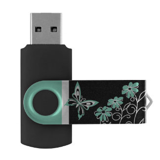 Striking Aqua Green Butterfly and Flowers Flash Drive